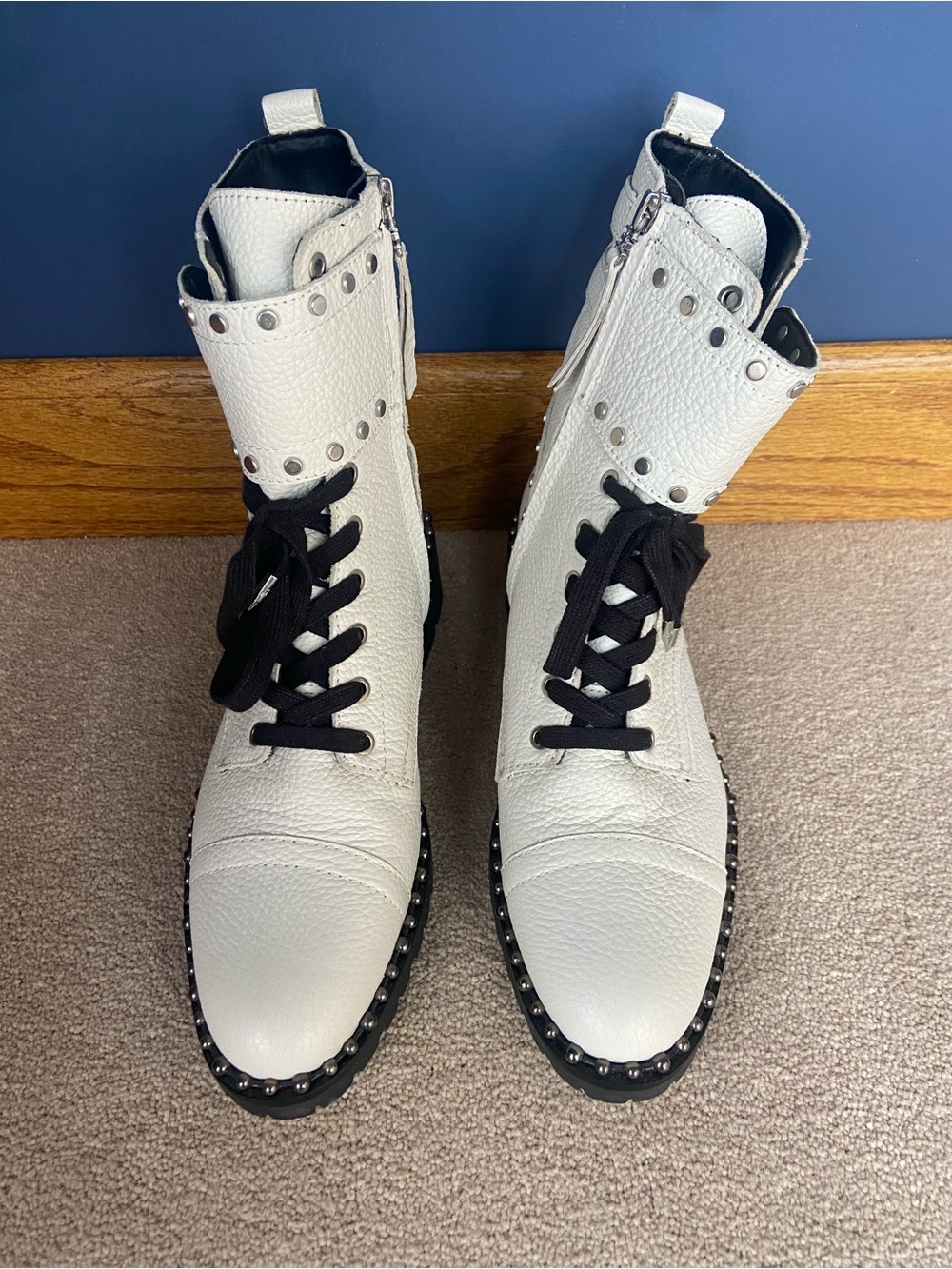 Sam Edelman White Studded Combat Boots | Size 8.5 | Lace-Up & Buckle | Like New